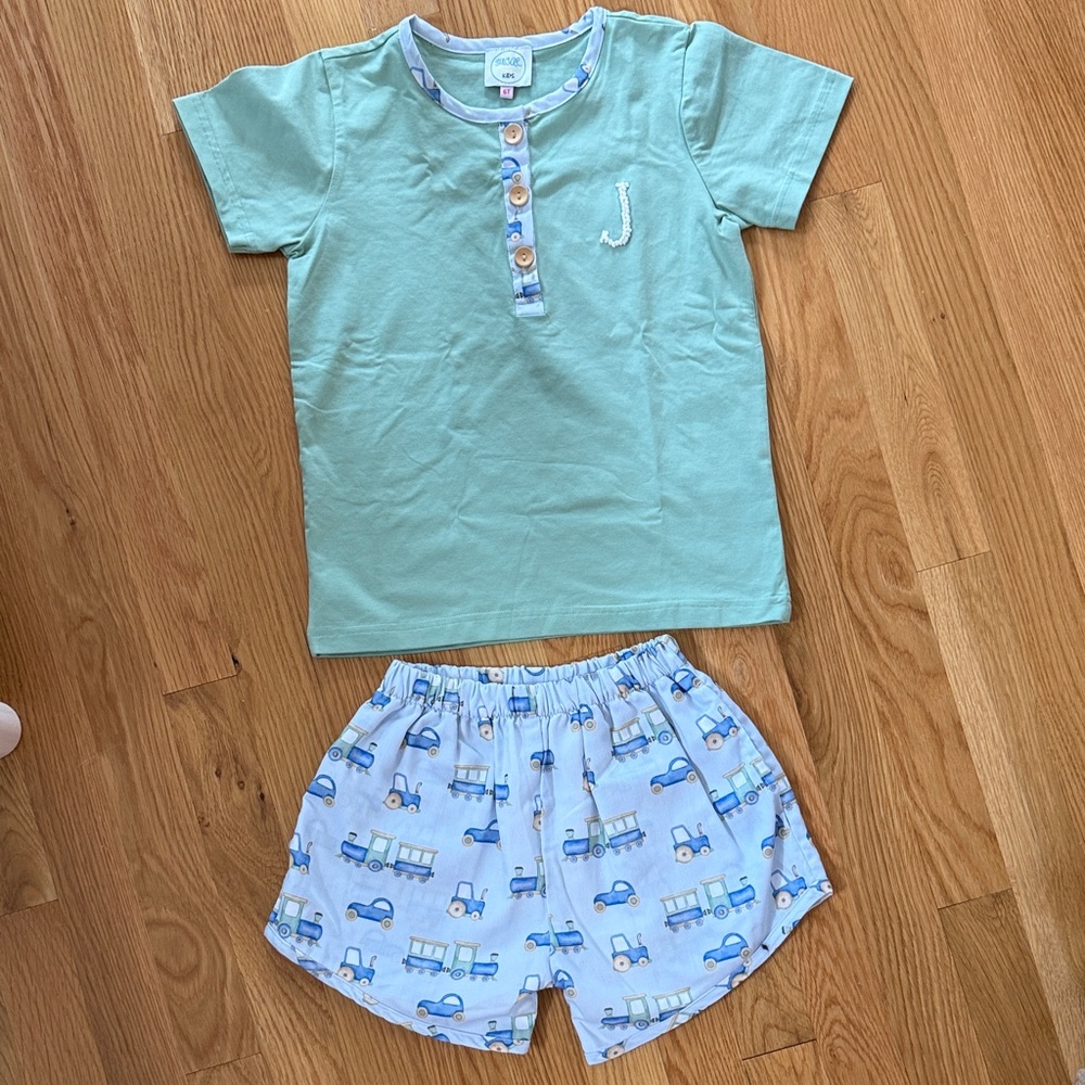 Sugar Kids Mint Green and Light Blue Matching Shorts Set Monogram “J”